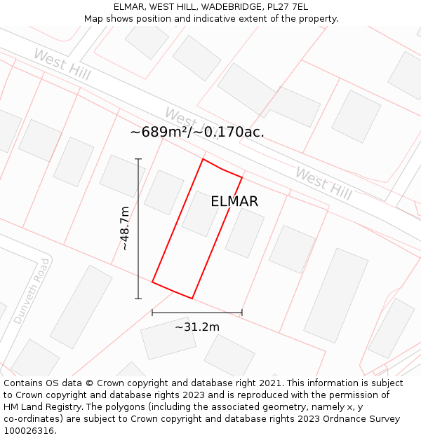 ELMAR, WEST HILL, WADEBRIDGE, PL27 7EL: Plot and title map