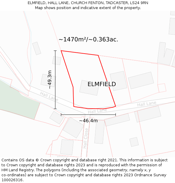 ELMFIELD, HALL LANE, CHURCH FENTON, TADCASTER, LS24 9RN: Plot and title map