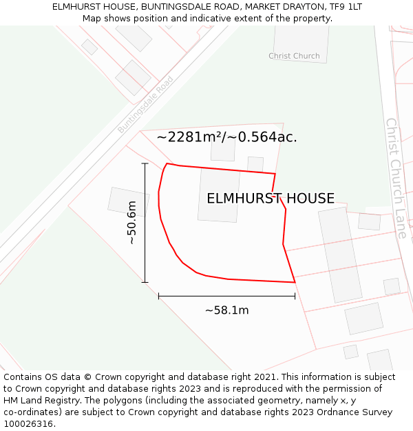 ELMHURST HOUSE, BUNTINGSDALE ROAD, MARKET DRAYTON, TF9 1LT: Plot and title map