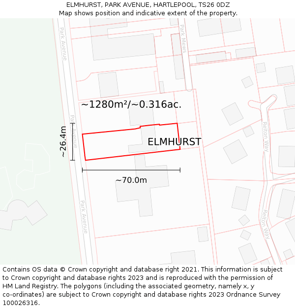 ELMHURST, PARK AVENUE, HARTLEPOOL, TS26 0DZ: Plot and title map
