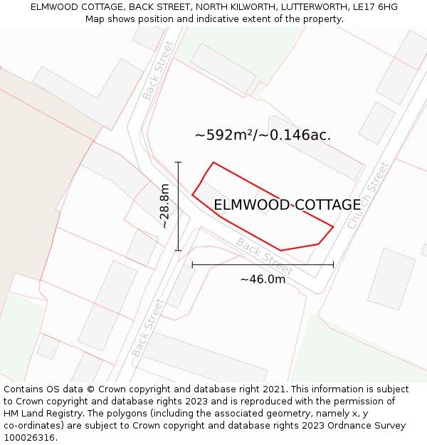 ELMWOOD COTTAGE, BACK STREET, NORTH KILWORTH, LUTTERWORTH, LE17 6HG: Plot and title map