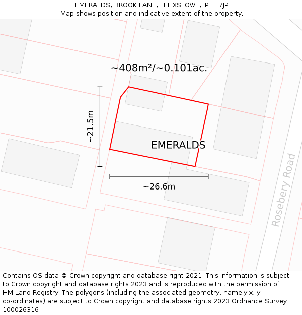 EMERALDS, BROOK LANE, FELIXSTOWE, IP11 7JP: Plot and title map