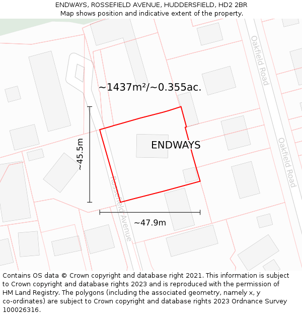 ENDWAYS, ROSSEFIELD AVENUE, HUDDERSFIELD, HD2 2BR: Plot and title map