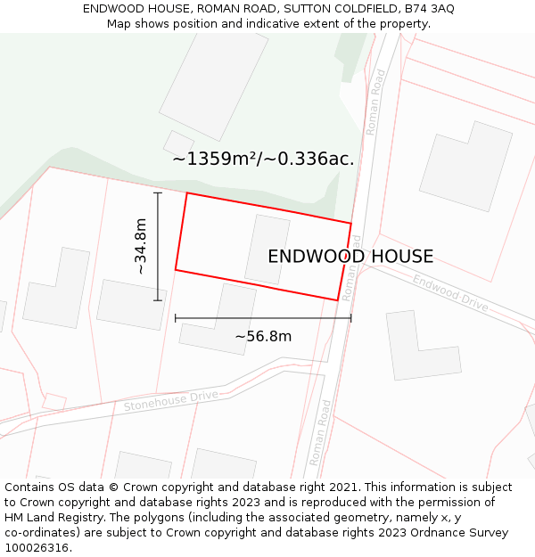ENDWOOD HOUSE, ROMAN ROAD, SUTTON COLDFIELD, B74 3AQ: Plot and title map