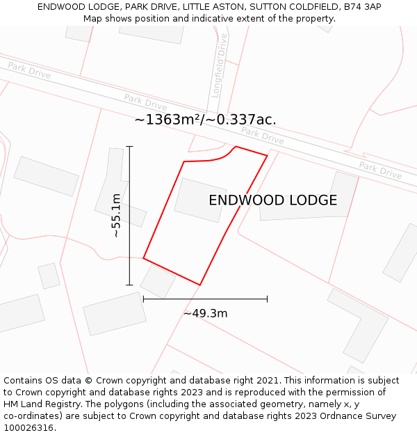 ENDWOOD LODGE, PARK DRIVE, LITTLE ASTON, SUTTON COLDFIELD, B74 3AP: Plot and title map