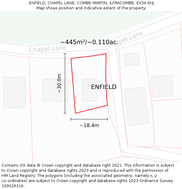 ENFIELD, CHAPEL LANE, COMBE MARTIN, ILFRACOMBE, EX34 0HJ: Plot and title map