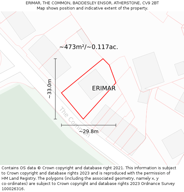 ERIMAR, THE COMMON, BADDESLEY ENSOR, ATHERSTONE, CV9 2BT: Plot and title map