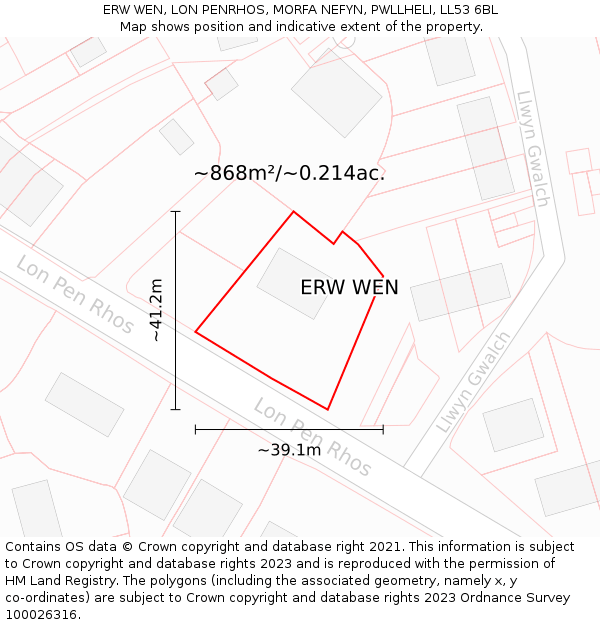 ERW WEN, LON PENRHOS, MORFA NEFYN, PWLLHELI, LL53 6BL: Plot and title map