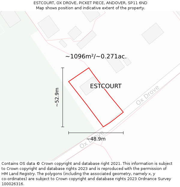 ESTCOURT, OX DROVE, PICKET PIECE, ANDOVER, SP11 6ND: Plot and title map