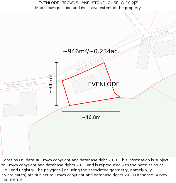 EVENLODE, BROWNS LANE, STONEHOUSE, GL10 2JZ: Plot and title map