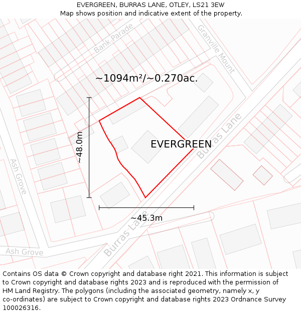 EVERGREEN, BURRAS LANE, OTLEY, LS21 3EW: Plot and title map