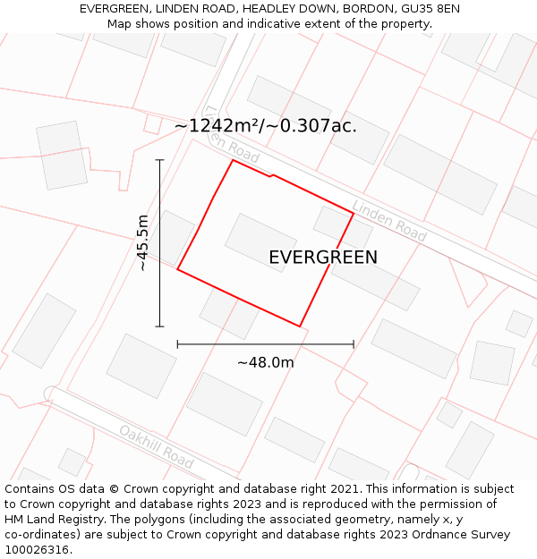 EVERGREEN, LINDEN ROAD, HEADLEY DOWN, BORDON, GU35 8EN: Plot and title map