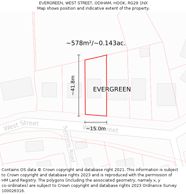 EVERGREEN, WEST STREET, ODIHAM, HOOK, RG29 1NX: Plot and title map