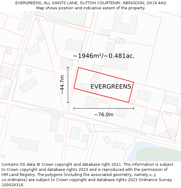 EVERGREENS, ALL SAINTS LANE, SUTTON COURTENAY, ABINGDON, OX14 4AG: Plot and title map