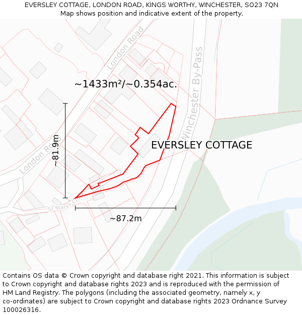 EVERSLEY COTTAGE, LONDON ROAD, KINGS WORTHY, WINCHESTER, SO23 7QN: Plot and title map