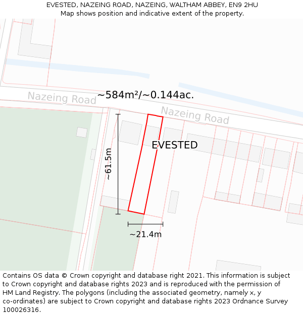 EVESTED, NAZEING ROAD, NAZEING, WALTHAM ABBEY, EN9 2HU: Plot and title map