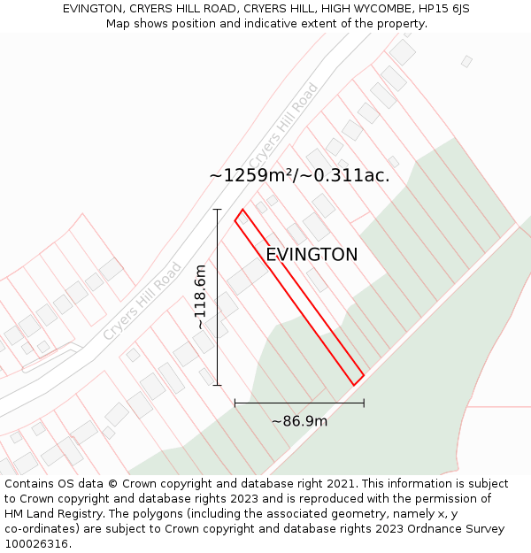 EVINGTON, CRYERS HILL ROAD, CRYERS HILL, HIGH WYCOMBE, HP15 6JS: Plot and title map