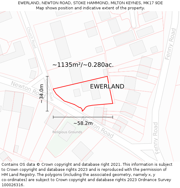 EWERLAND, NEWTON ROAD, STOKE HAMMOND, MILTON KEYNES, MK17 9DE: Plot and title map