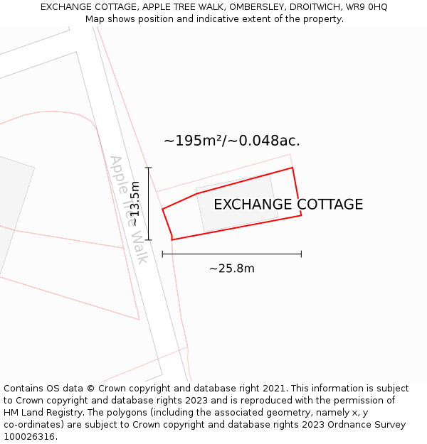 EXCHANGE COTTAGE, APPLE TREE WALK, OMBERSLEY, DROITWICH, WR9 0HQ: Plot and title map