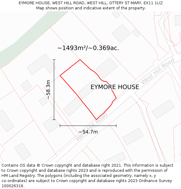 EYMORE HOUSE, WEST HILL ROAD, WEST HILL, OTTERY ST MARY, EX11 1UZ: Plot and title map