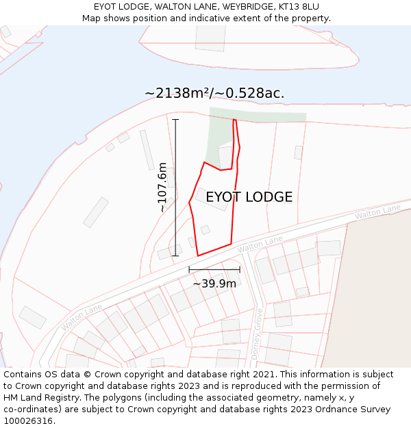 EYOT LODGE, WALTON LANE, WEYBRIDGE, KT13 8LU: Plot and title map