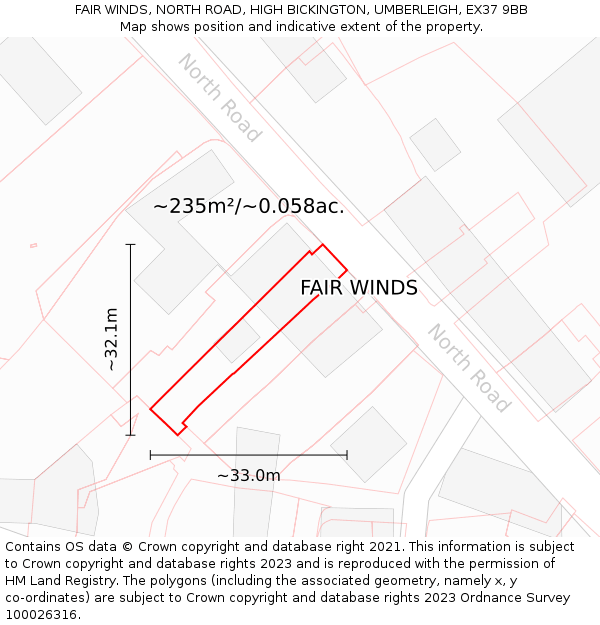 FAIR WINDS, NORTH ROAD, HIGH BICKINGTON, UMBERLEIGH, EX37 9BB: Plot and title map