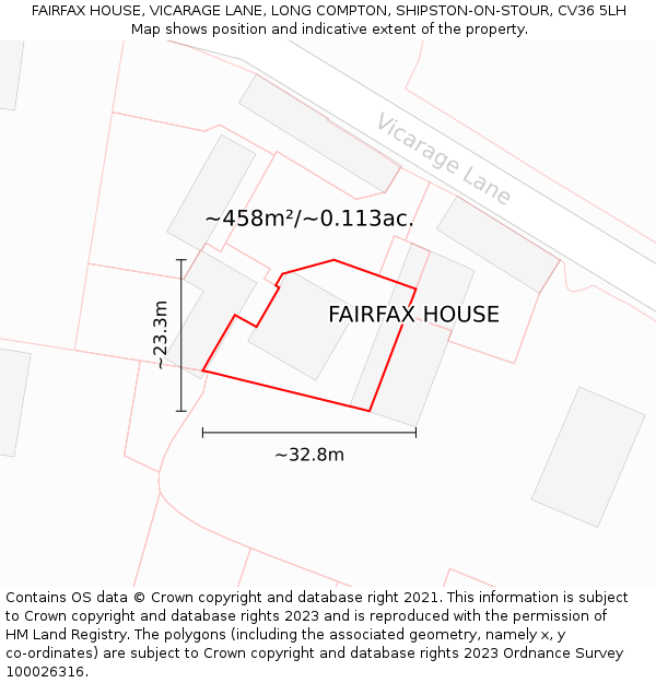 FAIRFAX HOUSE, VICARAGE LANE, LONG COMPTON, SHIPSTON-ON-STOUR, CV36 5LH: Plot and title map