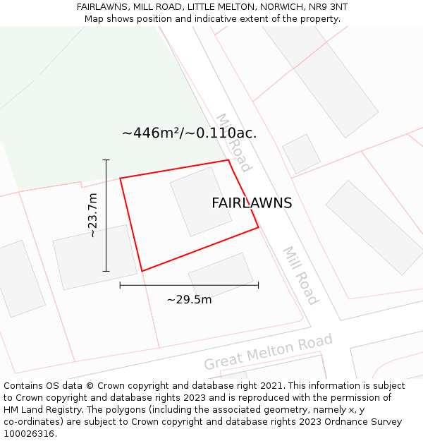 FAIRLAWNS, MILL ROAD, LITTLE MELTON, NORWICH, NR9 3NT: Plot and title map