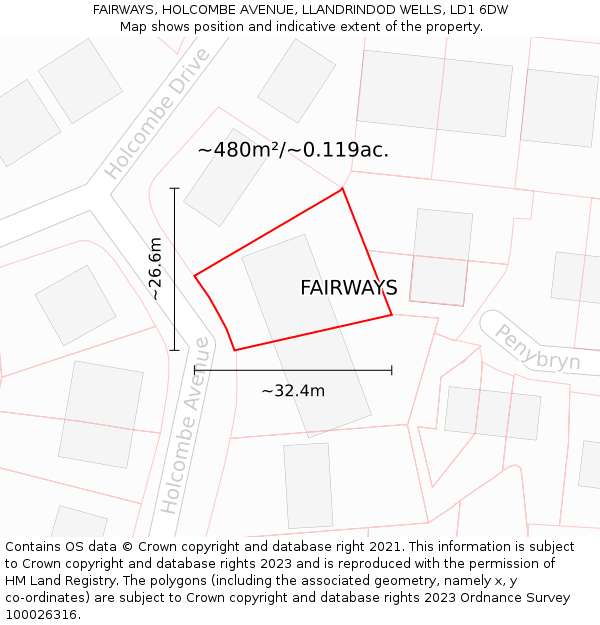 FAIRWAYS, HOLCOMBE AVENUE, LLANDRINDOD WELLS, LD1 6DW: Plot and title map
