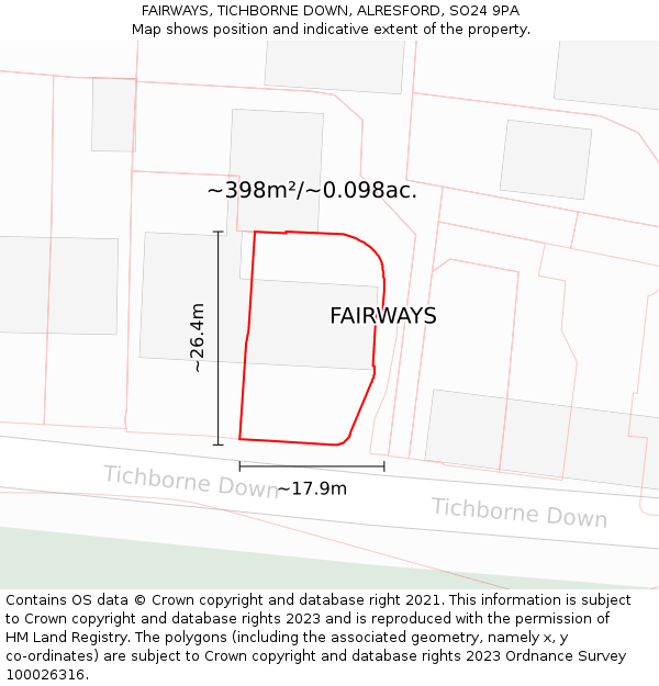 FAIRWAYS, TICHBORNE DOWN, ALRESFORD, SO24 9PA: Plot and title map