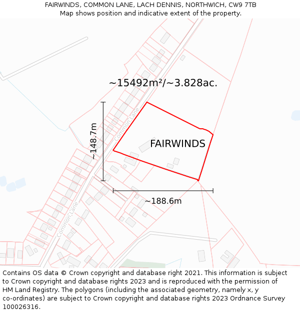 FAIRWINDS, COMMON LANE, LACH DENNIS, NORTHWICH, CW9 7TB: Plot and title map