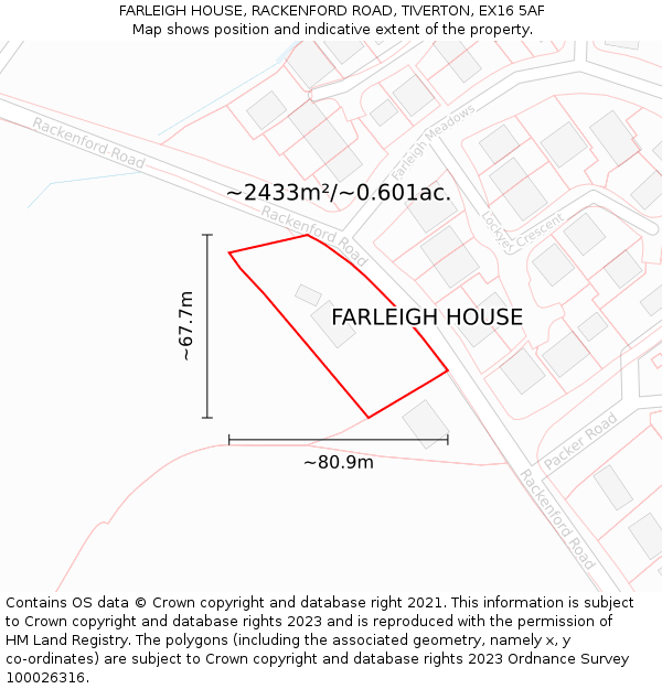 FARLEIGH HOUSE, RACKENFORD ROAD, TIVERTON, EX16 5AF: Plot and title map