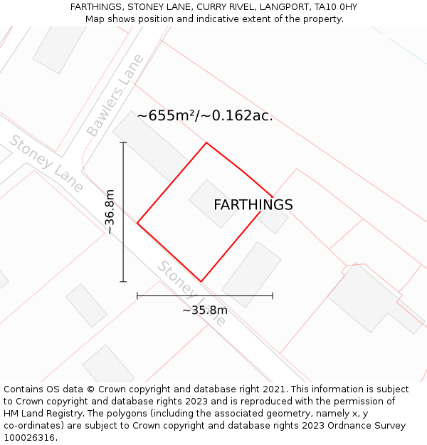 FARTHINGS, STONEY LANE, CURRY RIVEL, LANGPORT, TA10 0HY: Plot and title map