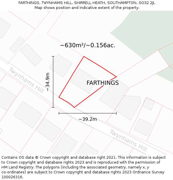 FARTHINGS, TWYNHAMS HILL, SHIRRELL HEATH, SOUTHAMPTON, SO32 2JL: Plot and title map