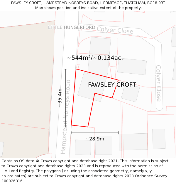 FAWSLEY CROFT, HAMPSTEAD NORREYS ROAD, HERMITAGE, THATCHAM, RG18 9RT: Plot and title map