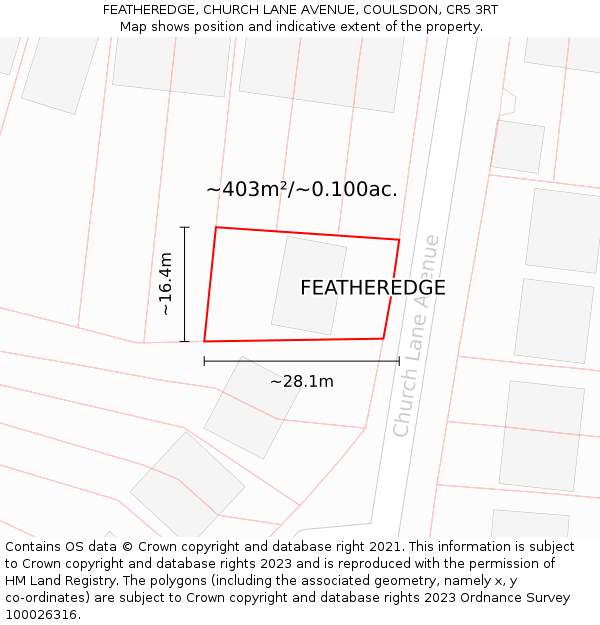 FEATHEREDGE, CHURCH LANE AVENUE, COULSDON, CR5 3RT: Plot and title map