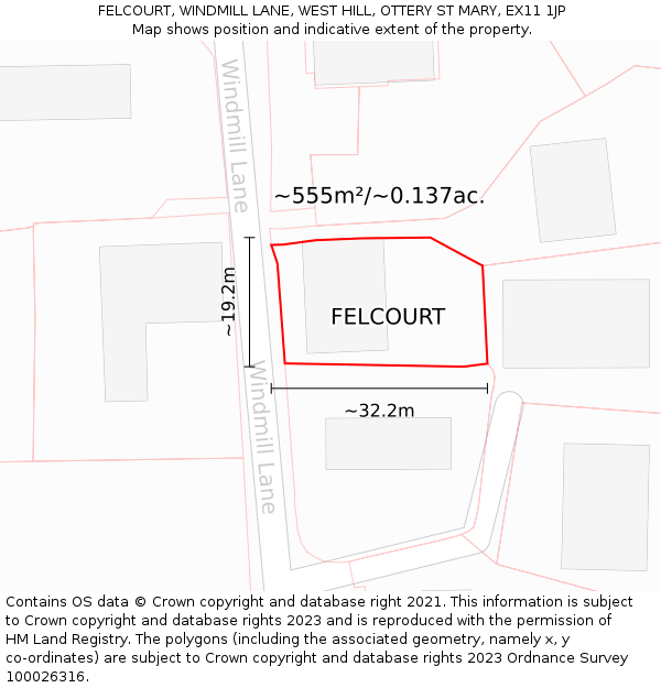 FELCOURT, WINDMILL LANE, WEST HILL, OTTERY ST MARY, EX11 1JP: Plot and title map