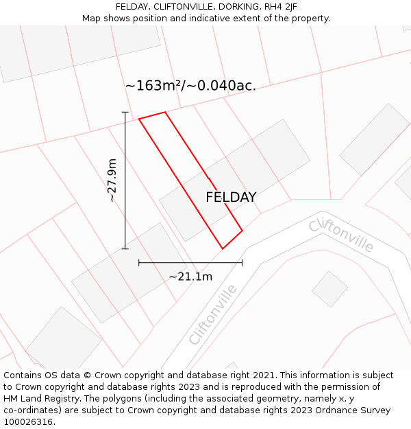 FELDAY, CLIFTONVILLE, DORKING, RH4 2JF: Plot and title map