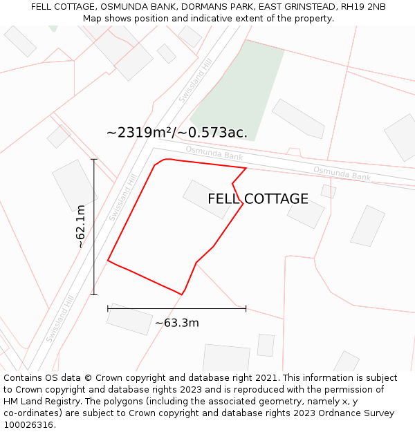 FELL COTTAGE, OSMUNDA BANK, DORMANS PARK, EAST GRINSTEAD, RH19 2NB: Plot and title map