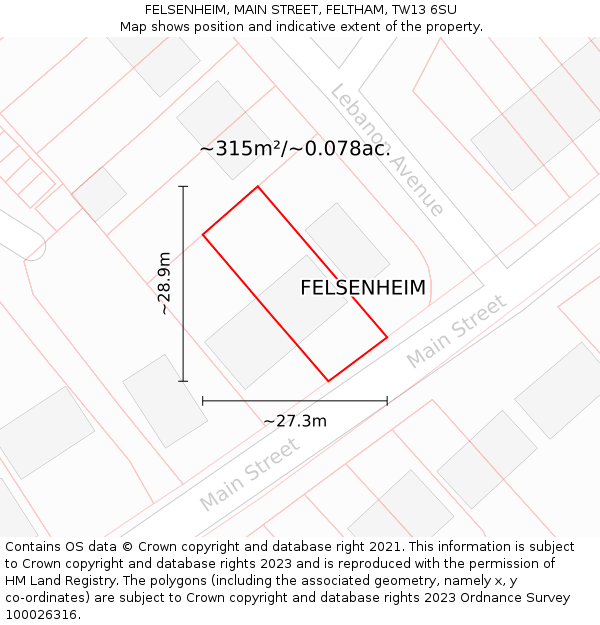FELSENHEIM, MAIN STREET, FELTHAM, TW13 6SU: Plot and title map
