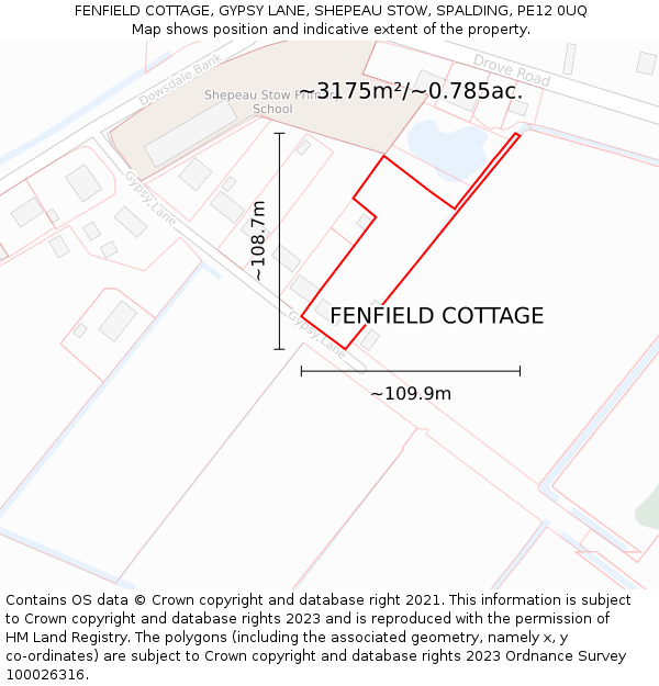 FENFIELD COTTAGE, GYPSY LANE, SHEPEAU STOW, SPALDING, PE12 0UQ: Plot and title map