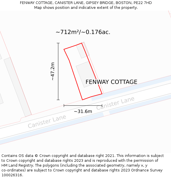 FENWAY COTTAGE, CANISTER LANE, GIPSEY BRIDGE, BOSTON, PE22 7HD: Plot and title map