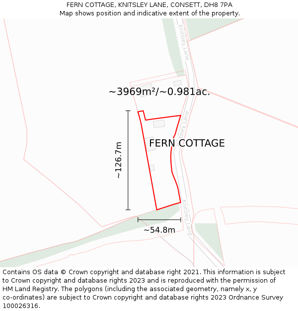 FERN COTTAGE, KNITSLEY LANE, CONSETT, DH8 7PA: Plot and title map