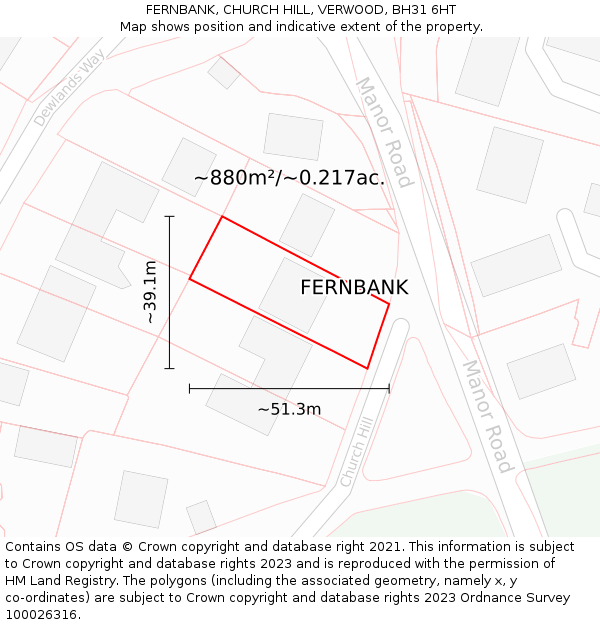 FERNBANK, CHURCH HILL, VERWOOD, BH31 6HT: Plot and title map