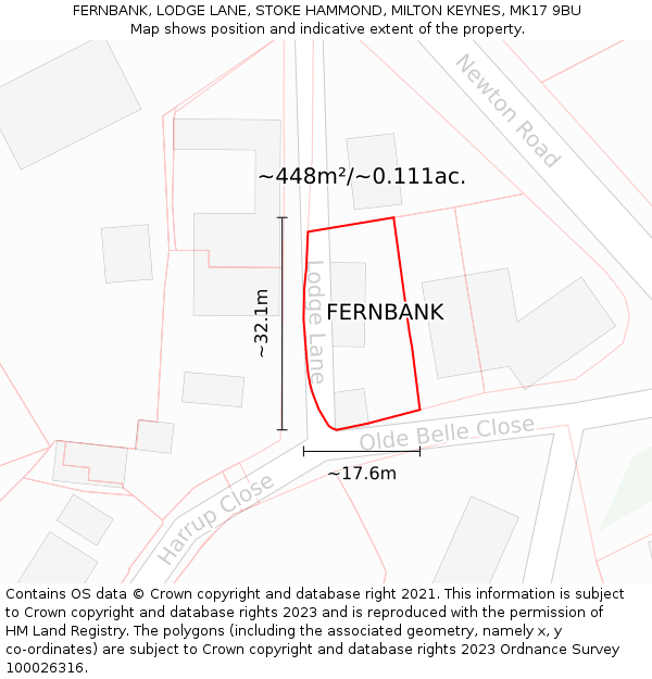 FERNBANK, LODGE LANE, STOKE HAMMOND, MILTON KEYNES, MK17 9BU: Plot and title map