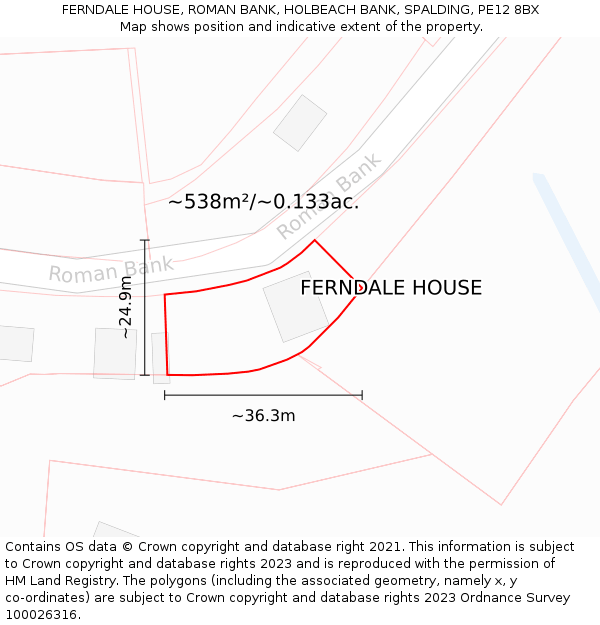 FERNDALE HOUSE, ROMAN BANK, HOLBEACH BANK, SPALDING, PE12 8BX: Plot and title map