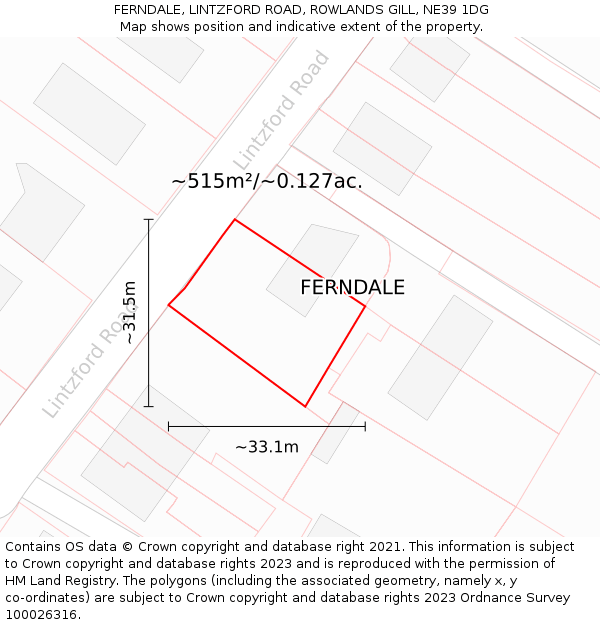 FERNDALE, LINTZFORD ROAD, ROWLANDS GILL, NE39 1DG: Plot and title map