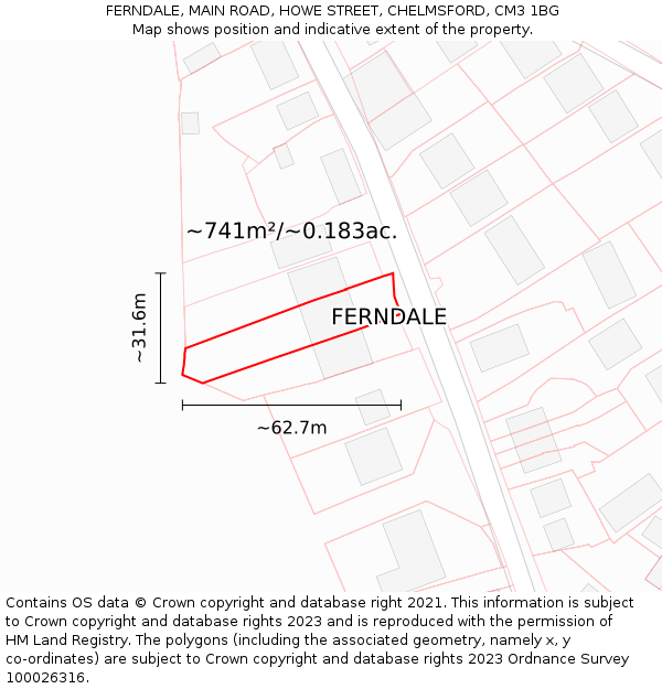 FERNDALE, MAIN ROAD, HOWE STREET, CHELMSFORD, CM3 1BG: Plot and title map