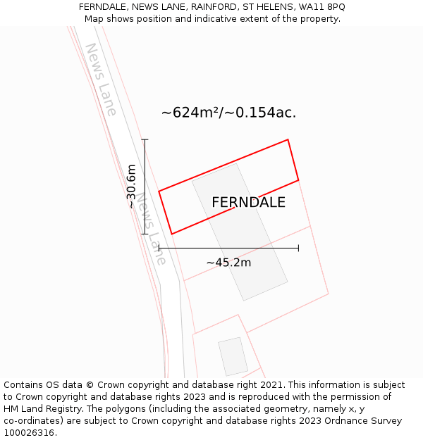 FERNDALE, NEWS LANE, RAINFORD, ST HELENS, WA11 8PQ: Plot and title map