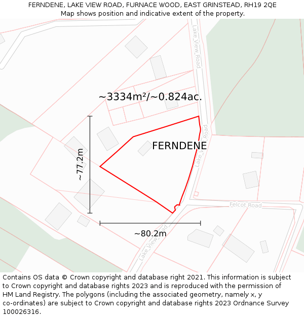 FERNDENE, LAKE VIEW ROAD, FURNACE WOOD, EAST GRINSTEAD, RH19 2QE: Plot and title map